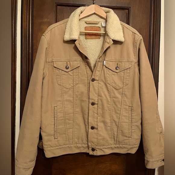 Levi’s Corduroy Sherpa Trucker Jacket Medium Tan Beige - Picture 1 of 8